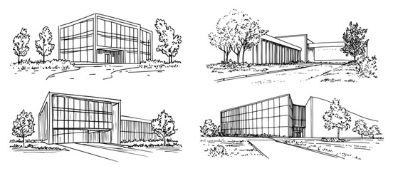 Set of modern commercial office building sketches with glass facade and contemporary architecture © Kaz