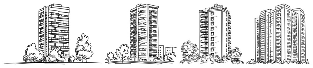 Obraz premium Hand drawn sketch of tall apartment buildings with trees in minimalist architectural style