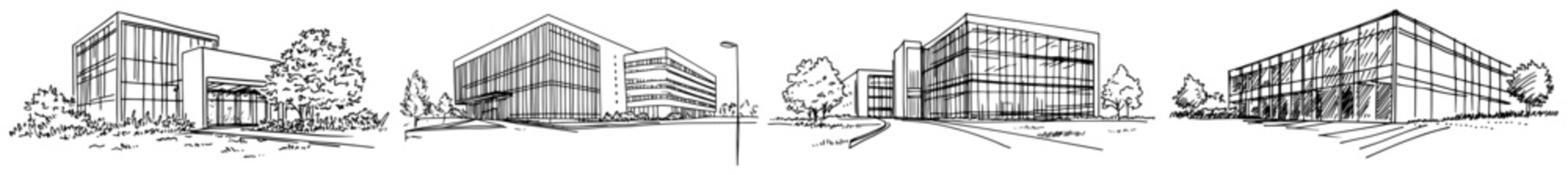 Collection of modern corporate office building sketches with various architectural designs © Kaz