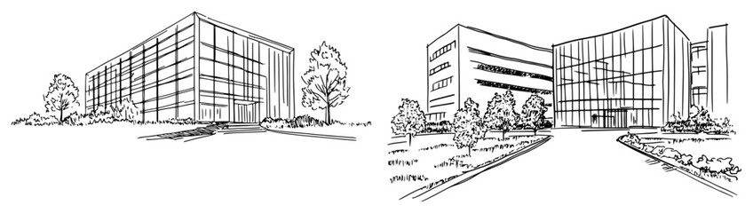 Detailed architectural sketches of modern corporate office complexes and glass campuses © Kaz