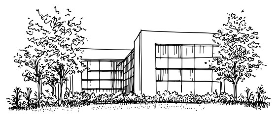 Modern glass building facade architectural sketch with garden trees and vegetation © Kaz