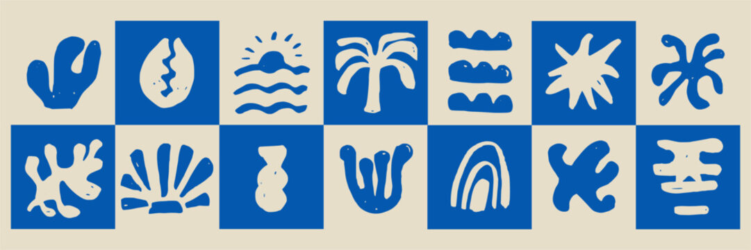 Sea waves and shell shapes in doodle sketch charcoal style. Coastal lifestyle elements for surf branding and mediterranean decor prints.