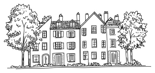 Traditional European style townhouses sketch with row house architecture and trees © Kaz