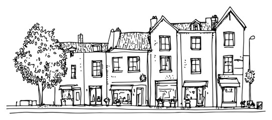 Fototapeta premium Architectural line drawing of a row of traditional european townhouse buildings with storefronts
