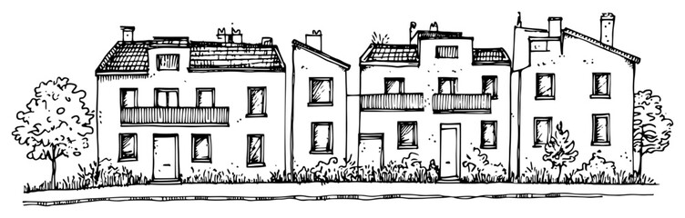 Obraz premium Hand drawn sketch of a row of traditional European townhouses with classic architecture