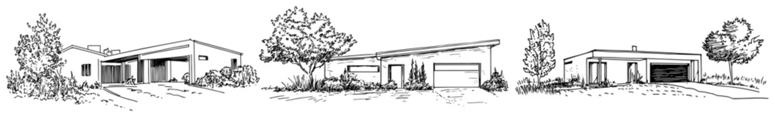 Fototapeta premium Set of three modern bungalow house sketches with garage and minimalist design