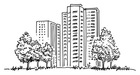 Tall urban high rise apartment building sketch with surrounding park trees © Kaz