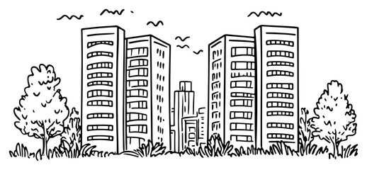 City skyline sketch with tall skyscrapers and high rise apartment blocks © Kaz