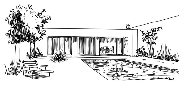 Hand drawn architectural sketch of a modern villa with swimming pool and lounge area