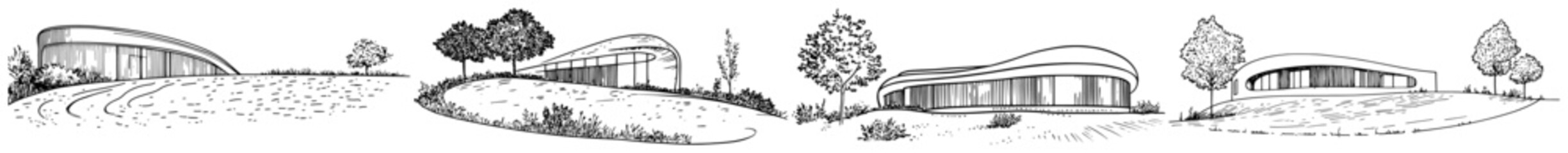 Set of architectural sketches showing modern organic buildings with curved lines and pavilions