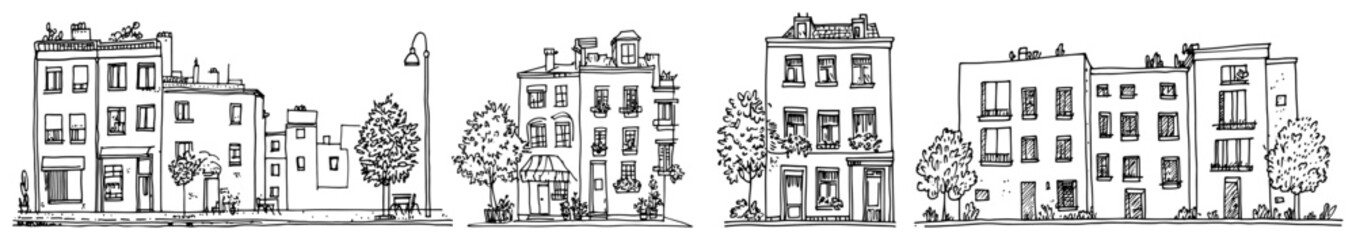 Architectural collection of traditional townhouse sketches and cozy city street buildings © Kaz
