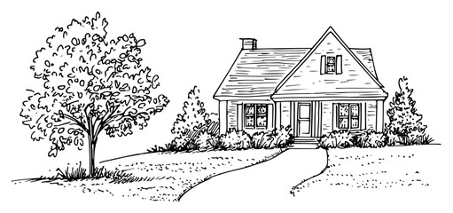 Small traditional house sketch with a gabled roof and large tree in the yard © Kaz