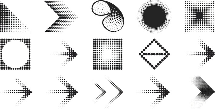 Set of 15 black halftone dot pattern shapes and arrows vector collection