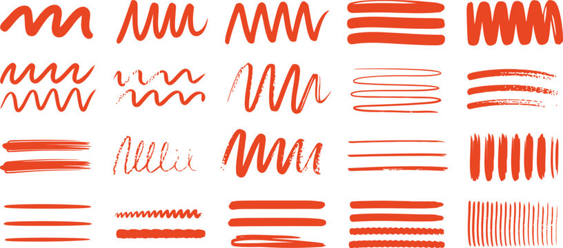 Set of 20 Red Hand Drawn Underline and Highlight Marker Strokes Vector
