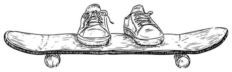 Detailed hand drawn sketch of sneakers on a skateboard deck © Kaz