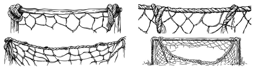 Hand drawn sketches of vintage fishing nets and nautical rope fences © Kaz