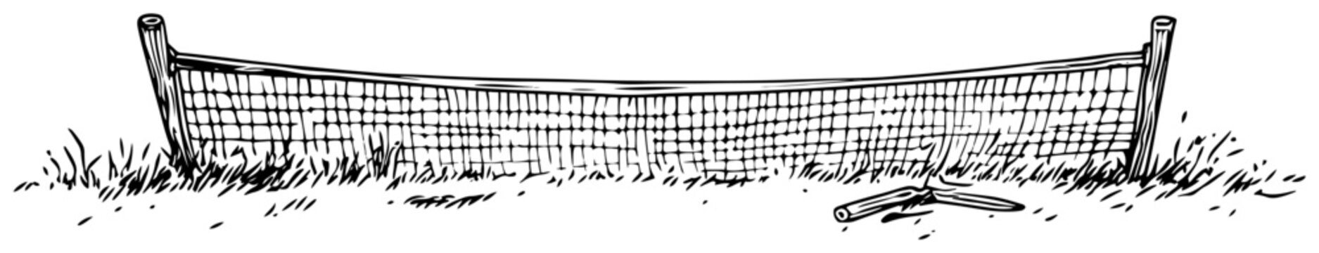 Horizontal hand drawn sketch of a tennis net standing on a grassy field