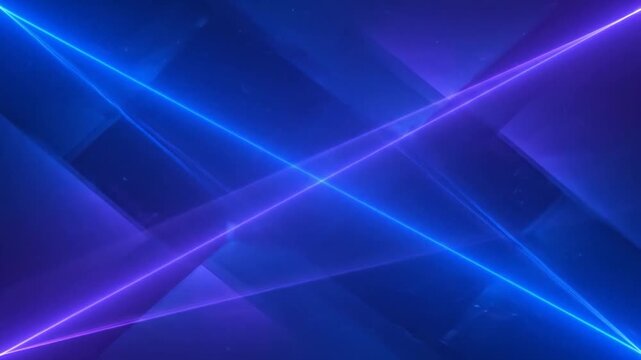 Abstract blue and purple neon light beams crossing diagonally against a dark background