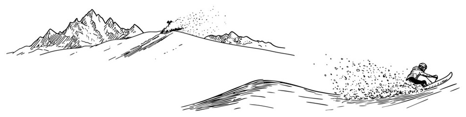 Action sketch of a person snowboarding down a snowy mountain slope © Kaz