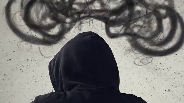 Person in Dark Hoodie with Swirling Thoughts above Head