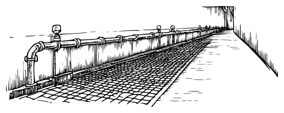 Hand drawn perspective sketch of a cobblestone walkway with a metal pipe railing