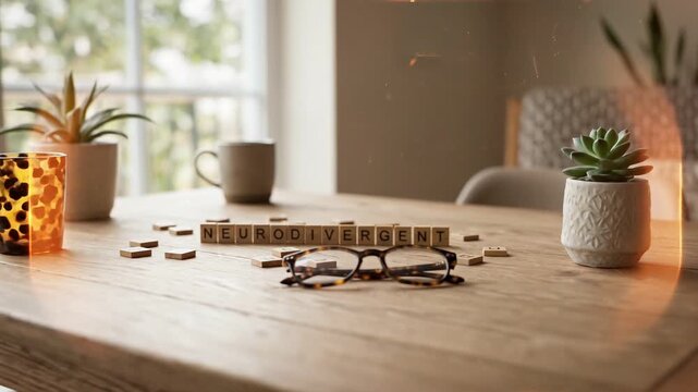 Neurodivergent wooden tiles spell out a word on a rustic table with glasses and plants