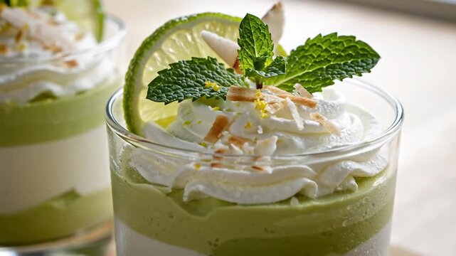 Refreshing key lime coconut parfait glasses on wooden table
