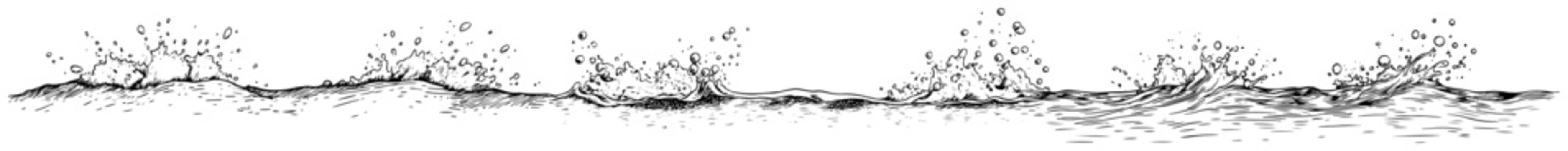 Splashing water waves and ocean foam horizontal border sketch