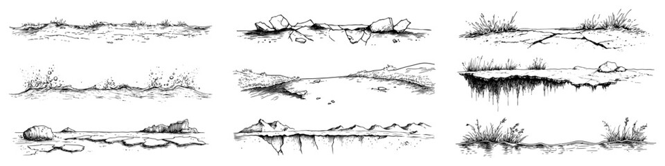 Obraz premium Collection of hand drawn terrain sketches featuring water waves and cracked earth