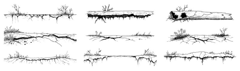 Fototapeta premium Set of hand drawn sketches showing ground cross sections with soil layers and roots