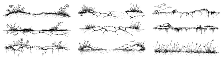 Collection of hand drawn architectural sketches showing terrain layers and ground textures © Kaz