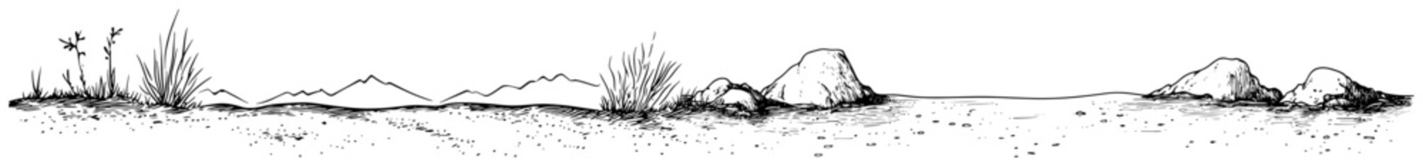 Wide panoramic sketch of a desert landscape with mountains and sparse vegetation © Kaz