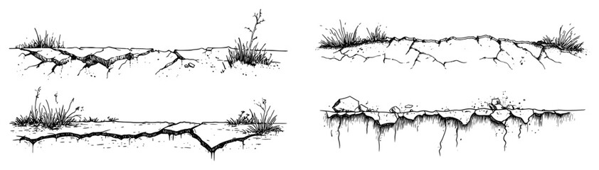 Fototapeta premium Set of hand drawn sketches showing cracked ground and broken earth surface with grass