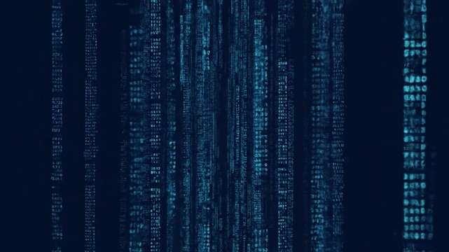 Abstract blue digital code streams down, resembling falling rain. Dark background, data focused