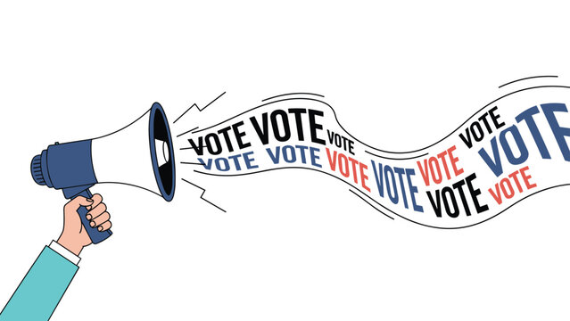 Hand holding a blue and white megaphone with the word VOTE streaming out in various colors for election and democracy.