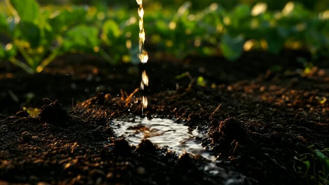 Water hydrates fertile soil promotes growth in farmland or Liquid nourishes dark soil boosts vegetation in fields