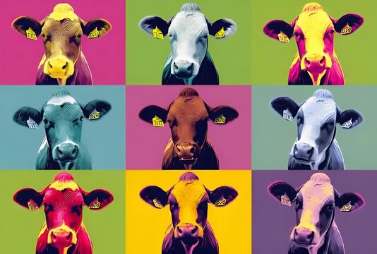 Una serie de retratos de vacas en estilo Pop Art con fondos de colores vibrantes.