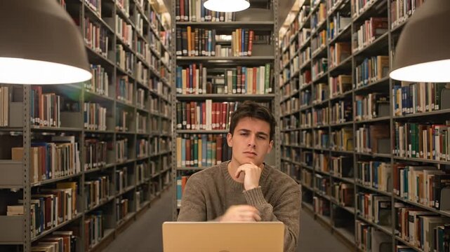 Young Male Student Stressed and Thoughtful in Library with Laptop