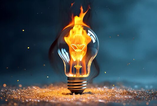 Una bombilla envuelta en llamas, simbolizando una idea explosiva y transformadora.