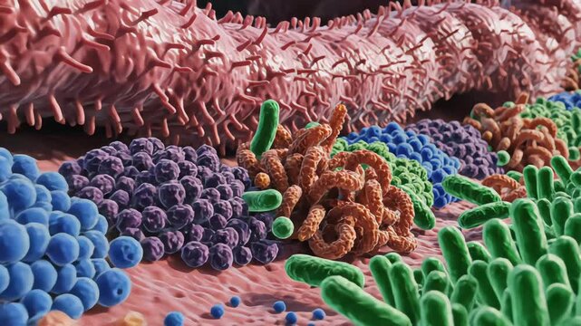 Detailed 3D animation of gut microbiome featuring colorful bacilli and cocci bacteria on intestinal villi surface