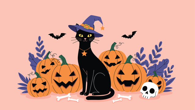 Black cat wearing a purple witch hat sitting among carved Halloween pumpkins, bats, a skull, and bones on a soft pink background.