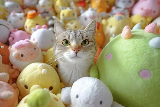Un gato atigrado se esconde entre una monta&ntilde;a de peluches coloridos.