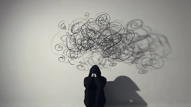 A person in a black hoodie with their head down, tangled lines appear above representing stress