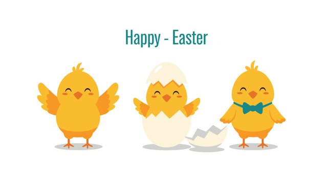 Three cute yellow baby chicks with one hatching from an eggshell and another wearing a bow tie under the text Happy Easter.
