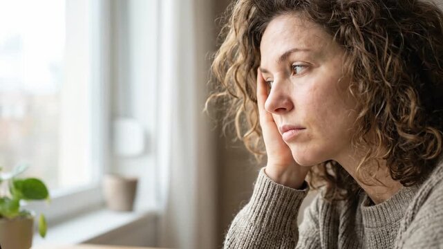Pensive Woman Look Out Window: Reflections on Life's Challenges and Hopeful Future