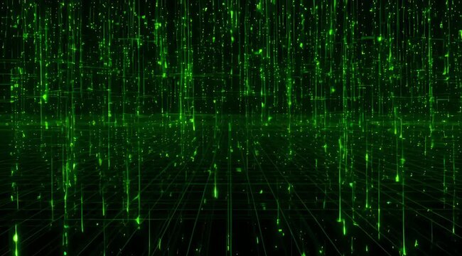 Falling green digital rain of binary code, representing data streams and abstract technology concepts