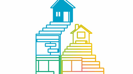 Obraz premium Colorful illustrated houses atop steps. Gradient colors outline the architectural structure against white