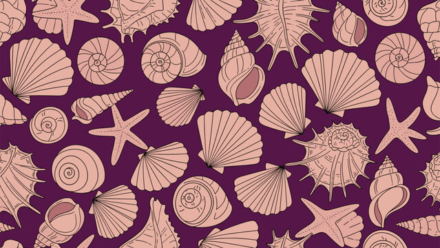 Detailed seamless pattern of various types of sea shells and starfish in a beige color on a deep purple background for fabric print.