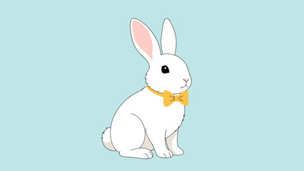 Fototapeta premium Charming white rabbit wearing a smart yellow bow tie sits peacefully against a soft light blue background in this animal portrait.
