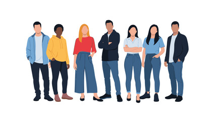 Obraz premium Group of diverse young people standing together in casual outfits representing friendship and unity against a white background.